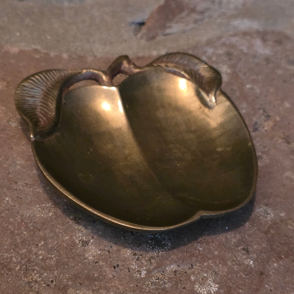 Vintage Solid Brass Apple Trinket Dish Leaf Catchall Bowl Mid Century Decor